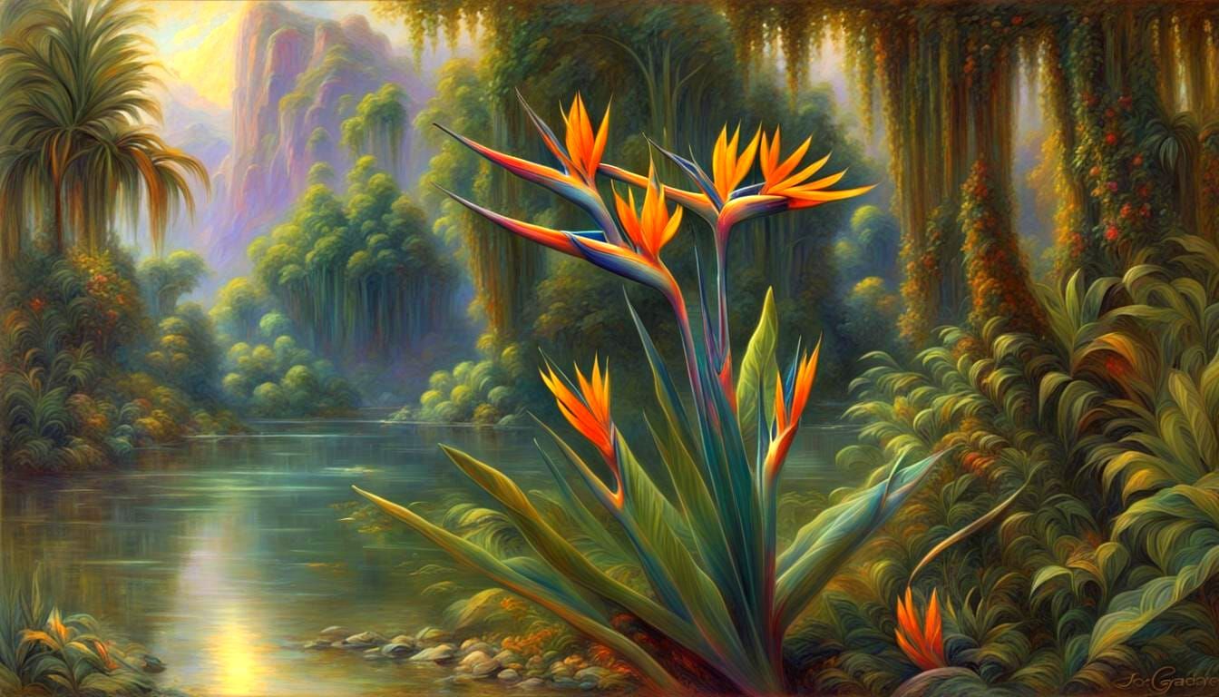 Exotic Fractal Landscape with Strelitzia and Lake