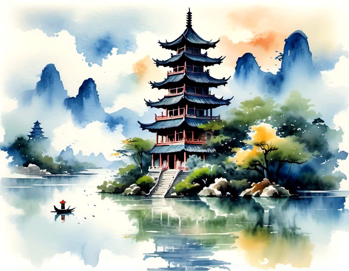 Chinese Pagoda on Serene Lake in Watercolor Style