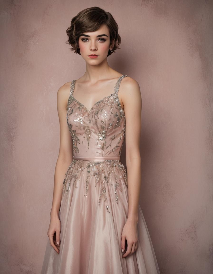 Romantic Moment Between Two Young Adults in Elegant Gowns