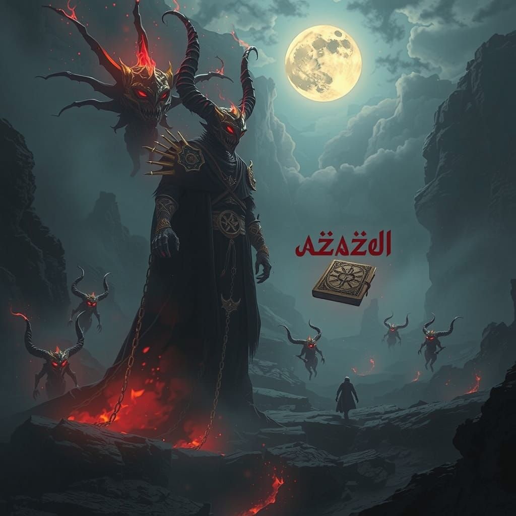 Eerie, Haunted Valley Scene with Powerful Jinns under a Full...