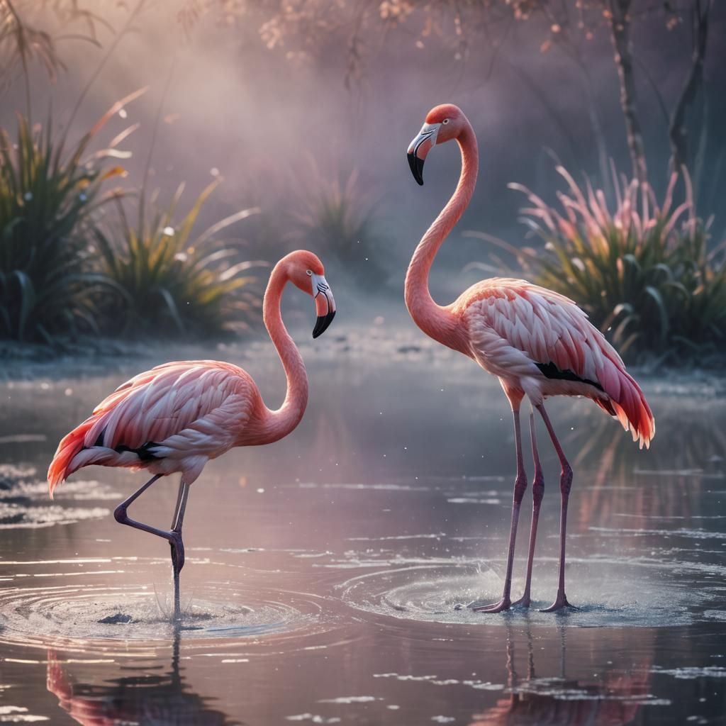 Flamingos in Misty Waters: Wildlife Photography