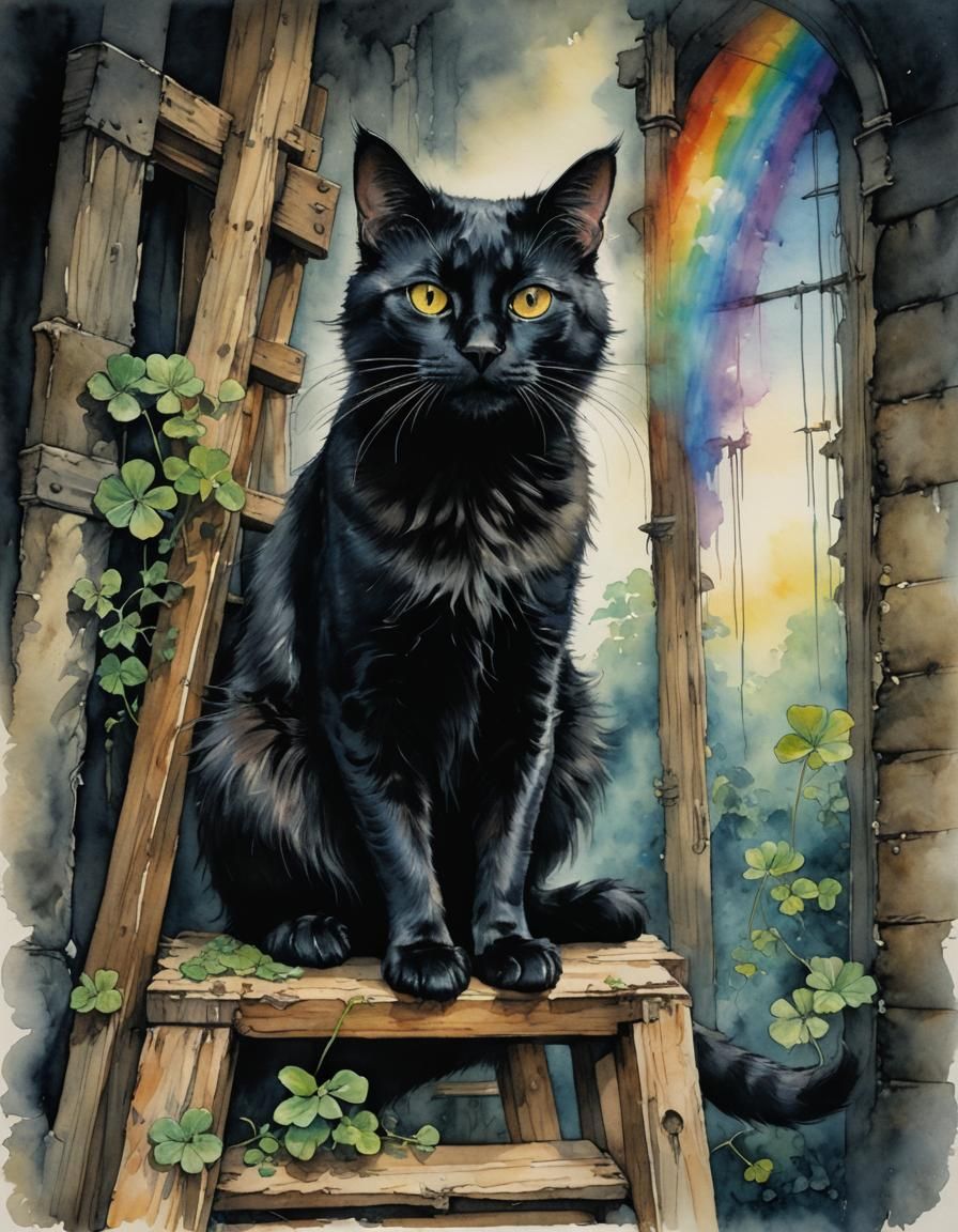 Black Cat and Ladder Aquarelle Illustration