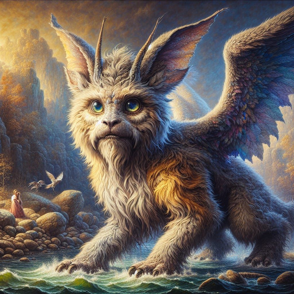 Detailed Wolpertinger Portrait in River Environment