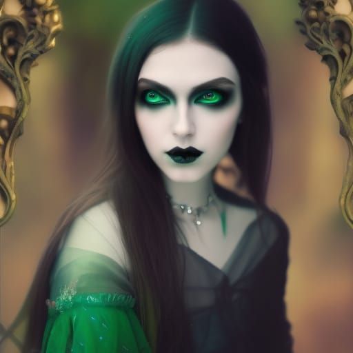 Ethereal gothic Young lady with an oval shaped face& almond shaped Beautiful green eyes& cute Round nose& luscious lips&...