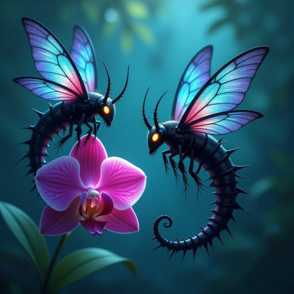 Shadow Worm Fairies with Glowing Eyes Near Orchid