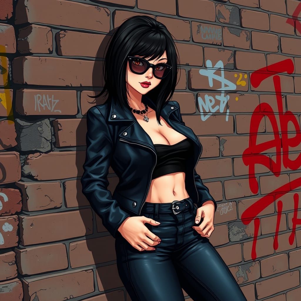 Anime Woman in Leather Jacket with Graffiti Art