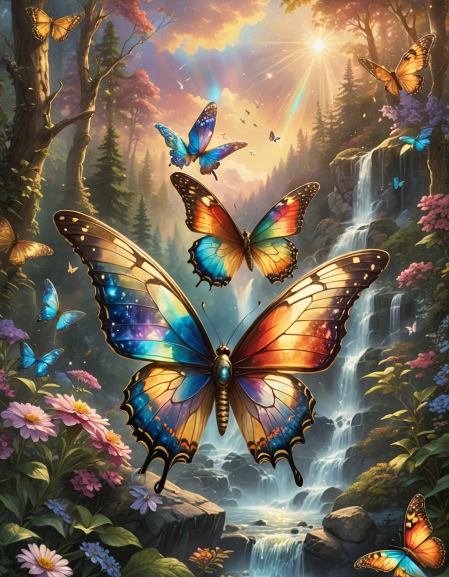 Crystal Butterfly Soaring in Sunset Sky