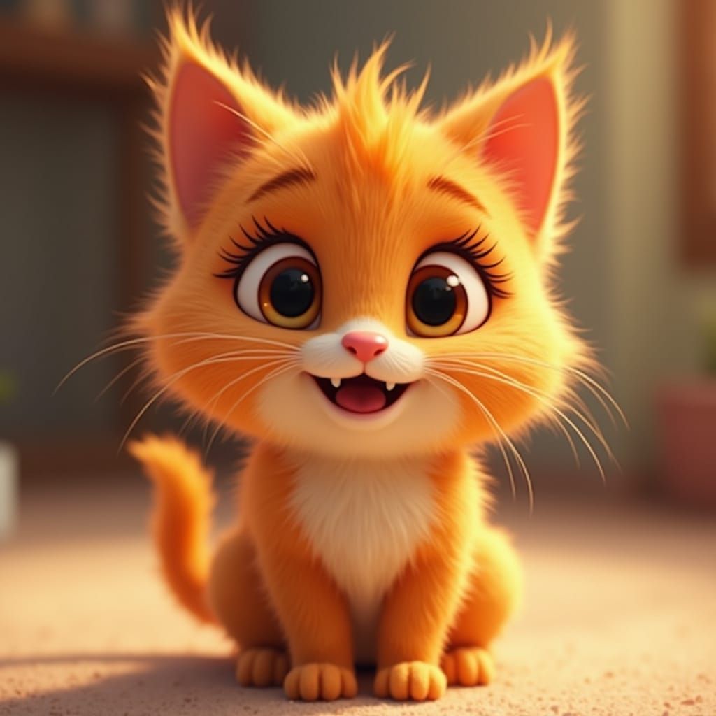 Fluffy Orange Cat with Brown Eyes in Pixar Style