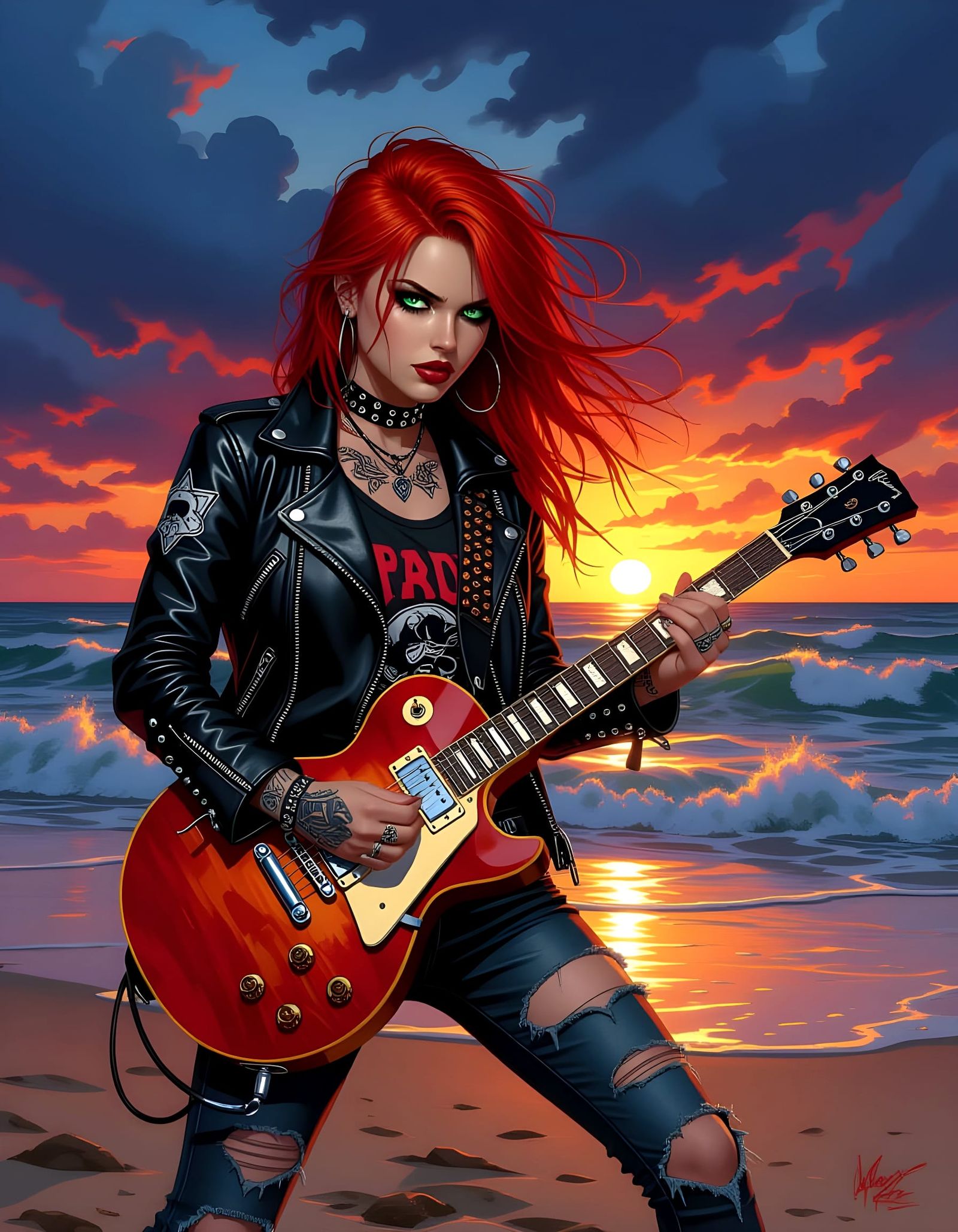Punk Rock Guitarist Shreds on Stormy Beach at Sunset