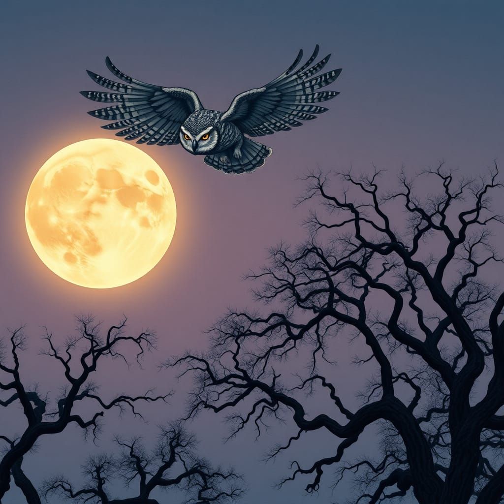 Majestic Owl in Ukiyo-e Style Takes Flight Under Harvest Moo...