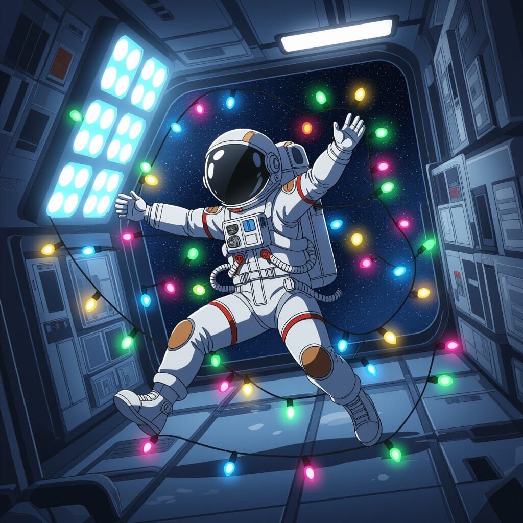 Astronaut Comically Tangled in Space Christmas Lights