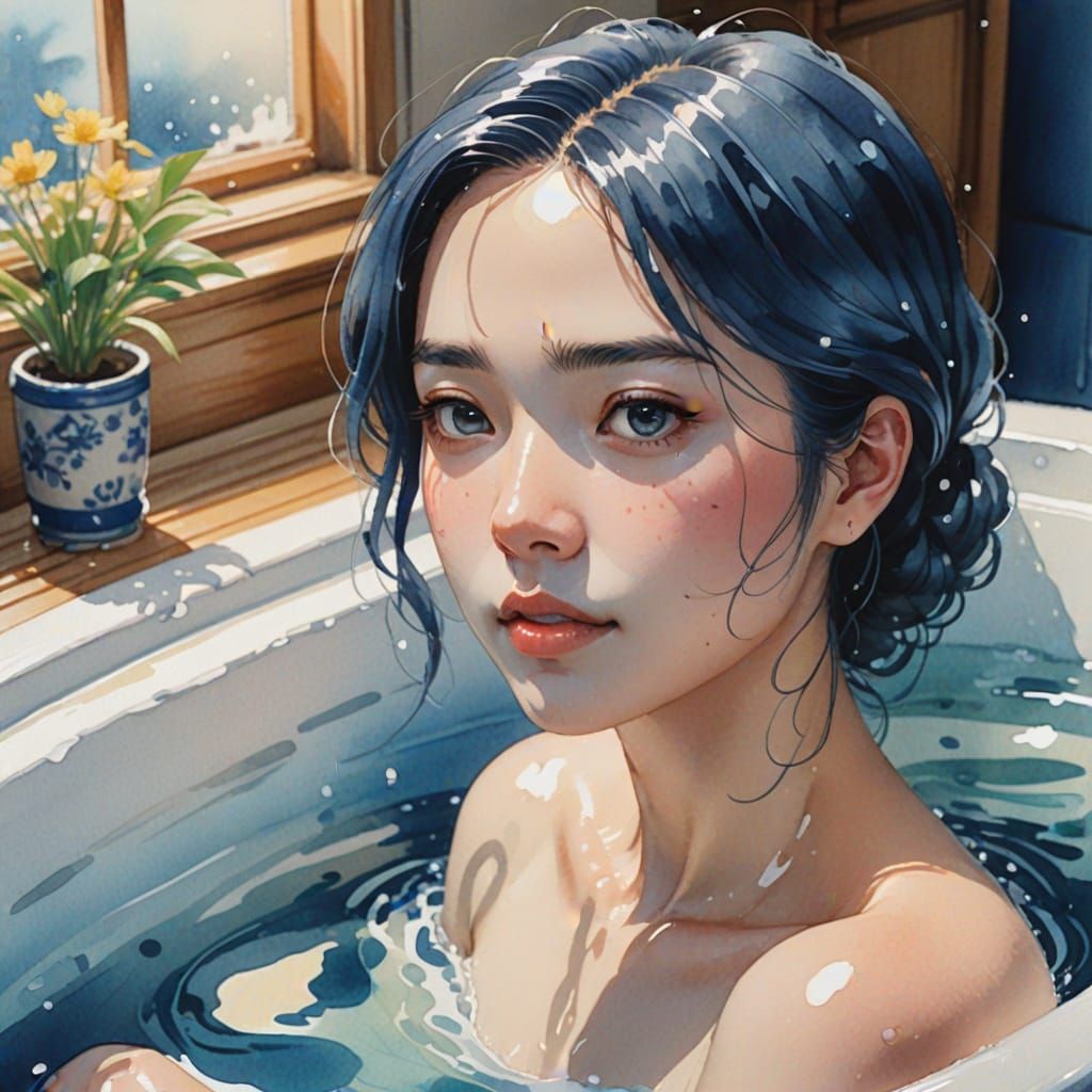 A Woman in a Dreamy Bath, Watercolor Anime Style