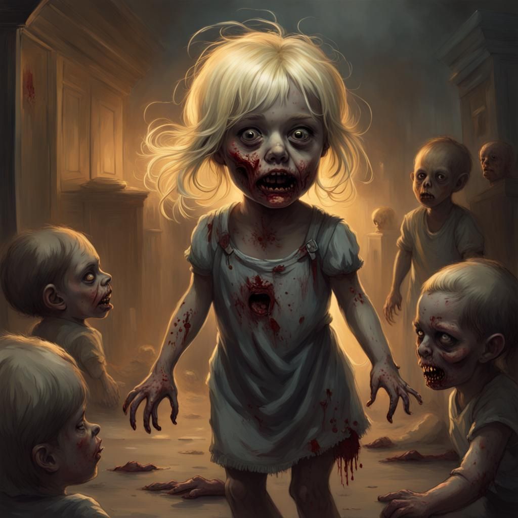 Creepy Blonde Zombie Toddler in Horror Style