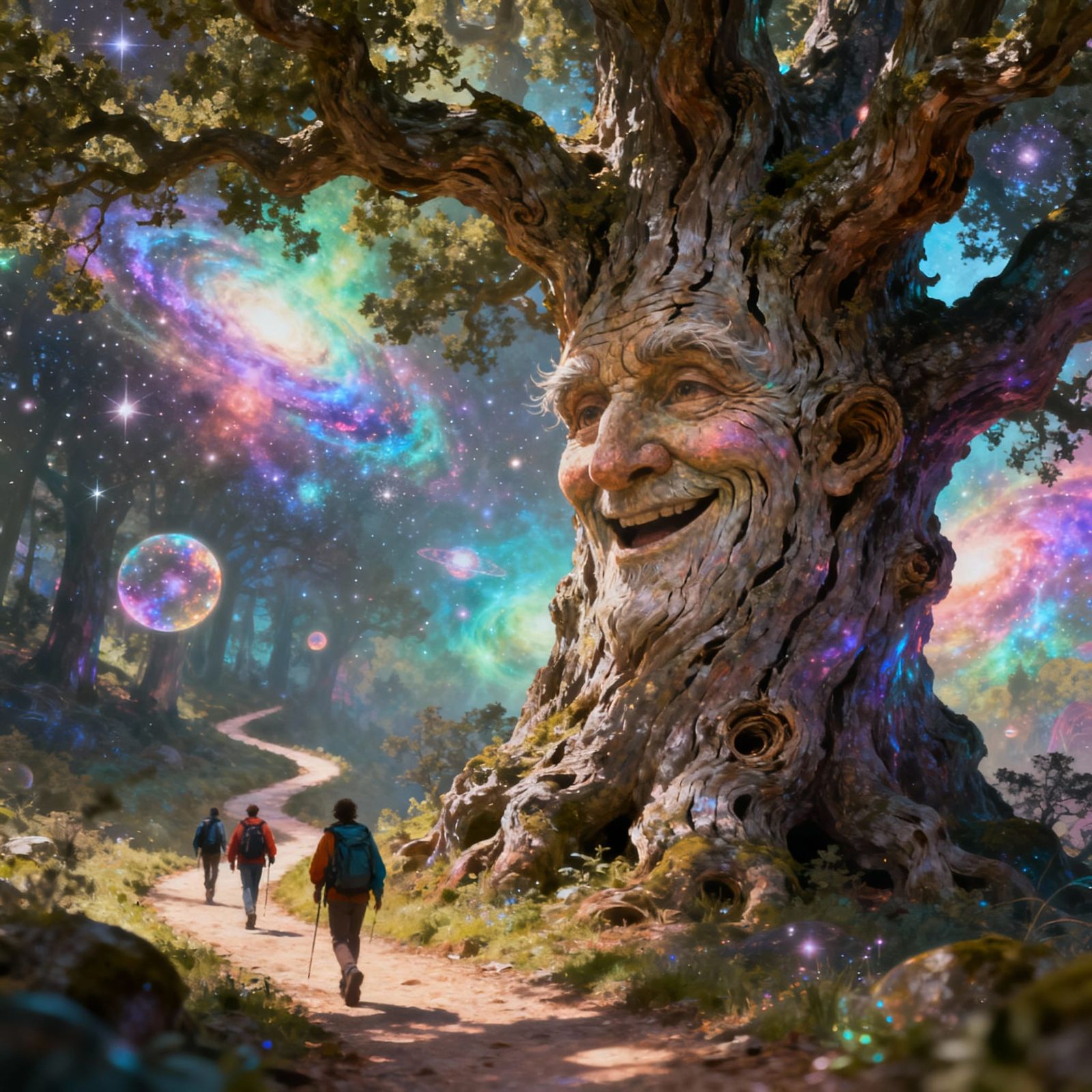 Wise Old Oak Face Observes Hikers in Cosmic Illustration