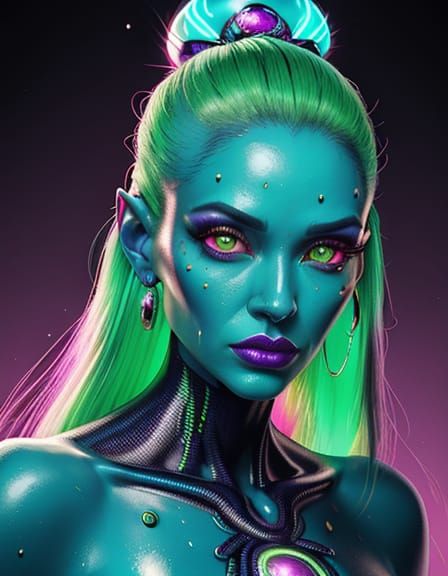 Pop Art Portrait of Alien Woman in Vibrant Marketplace
