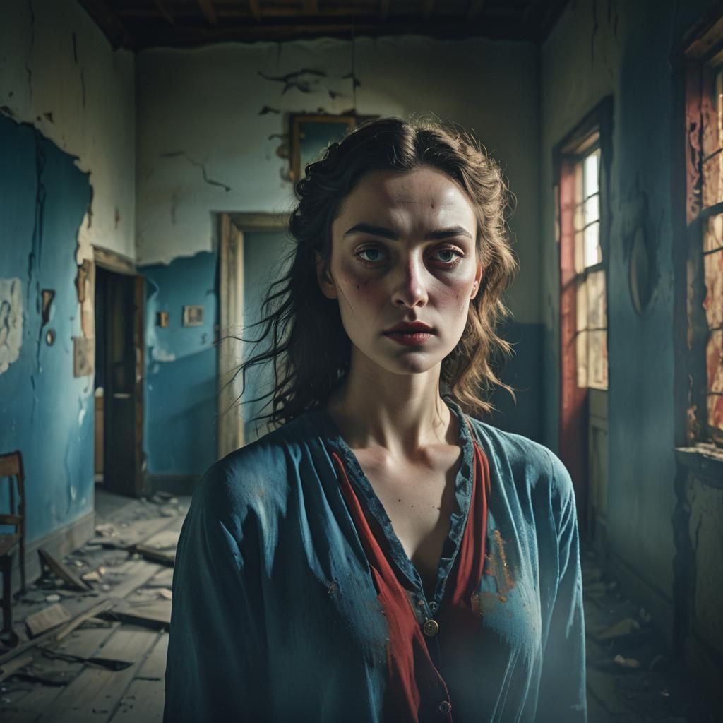 Eerie Surrealist Woman in Abandoned Room