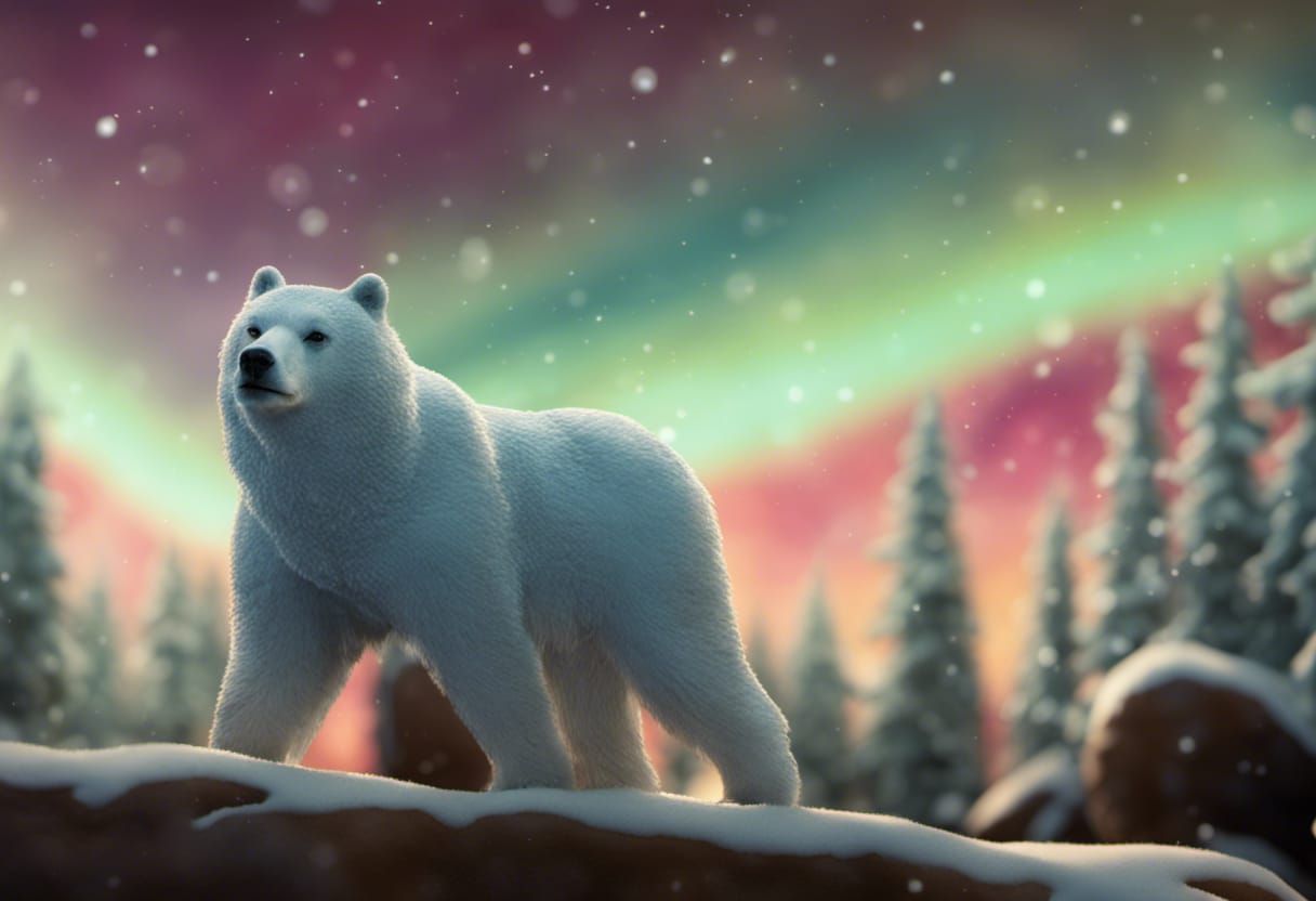 Polar Bear in Forest Under Aurora, 3D Digital Art