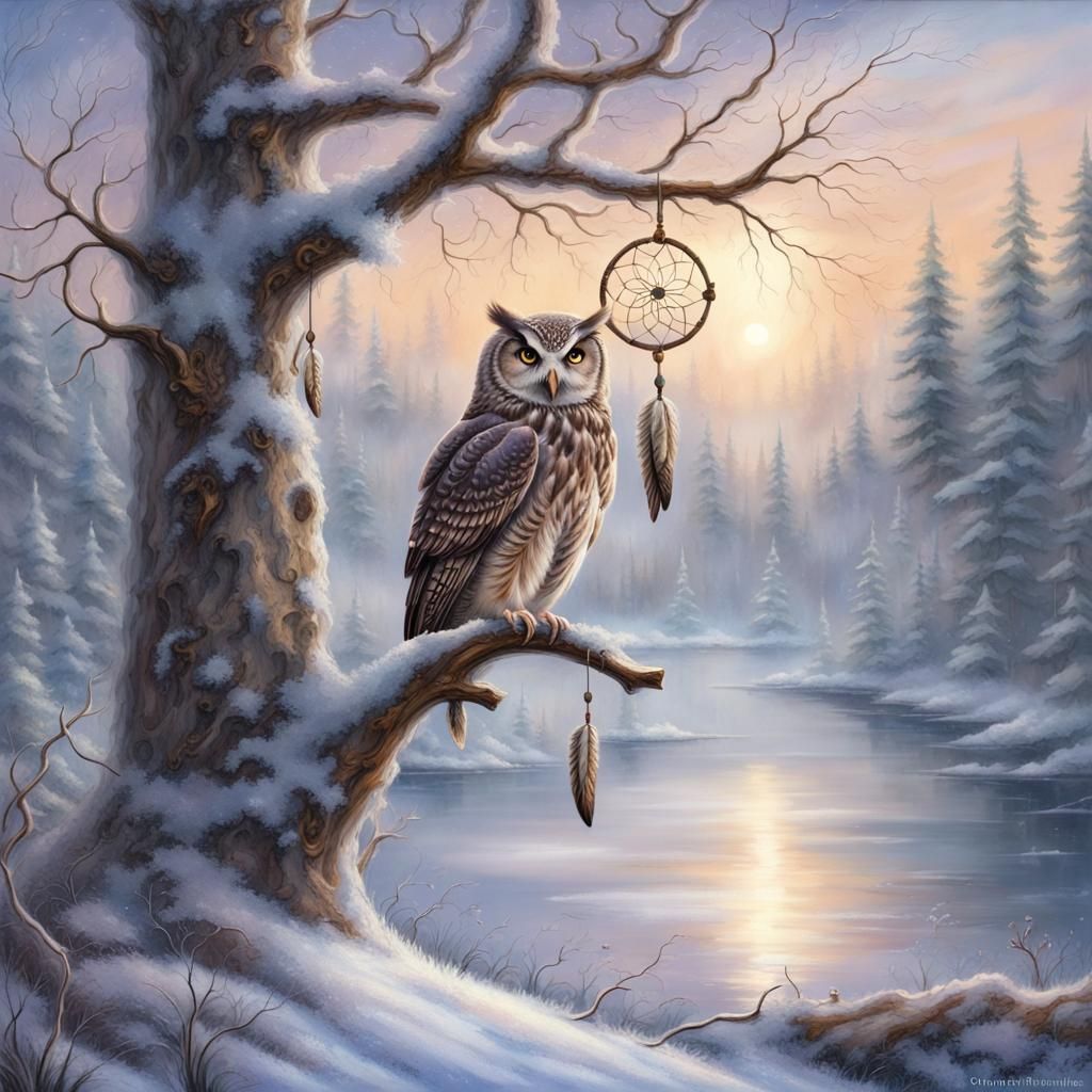 Ethereal Owl Dreamcatcher in Snowy Landscape