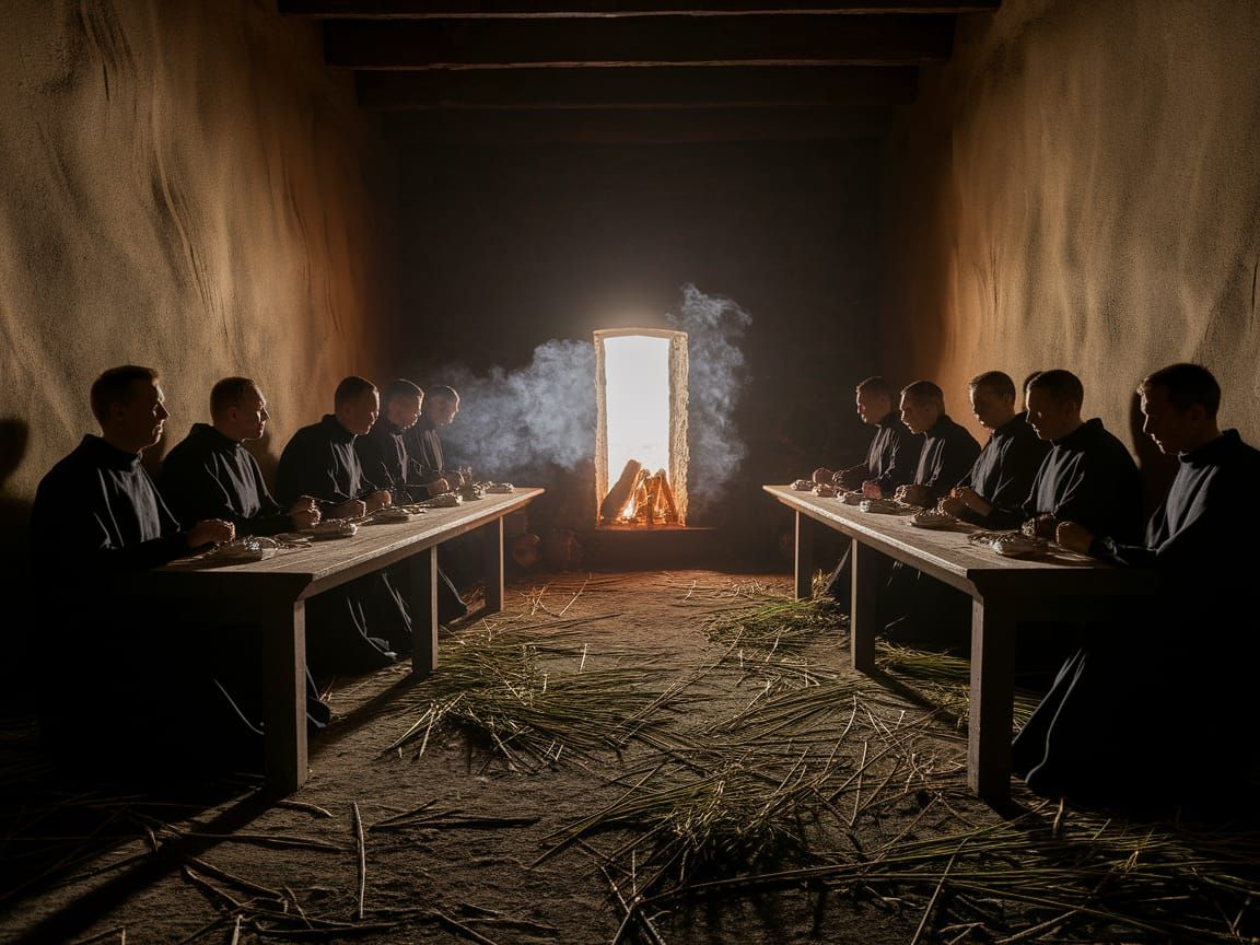 Monks Gather in Ancient Refectory at Dusk on Lindisfarne