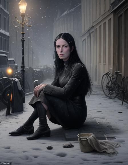 Young Beggar Girl in Surrealist Oil Painting