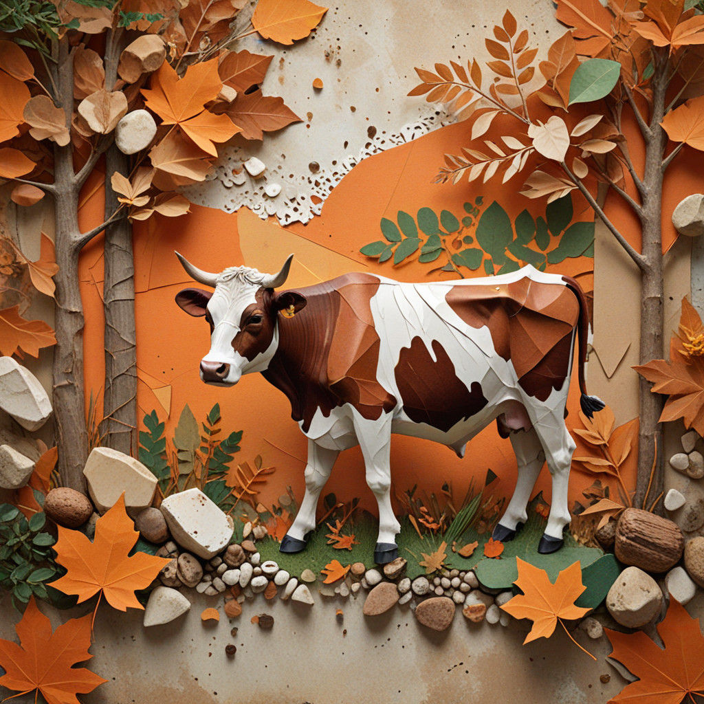 Autumn Cow in Vibrant Mixed-Media Collage