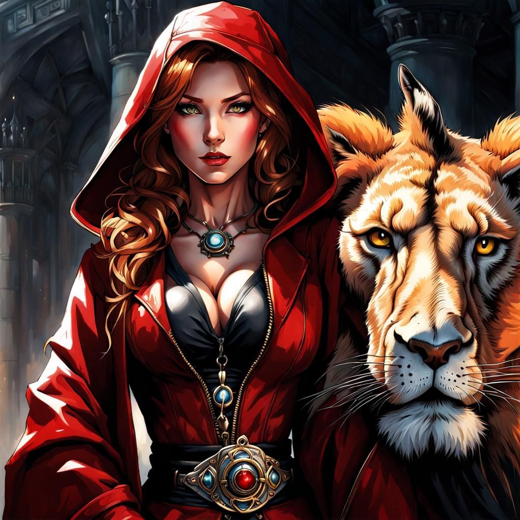 Gothic Portrait of Woman with Lion in Splash Art Style