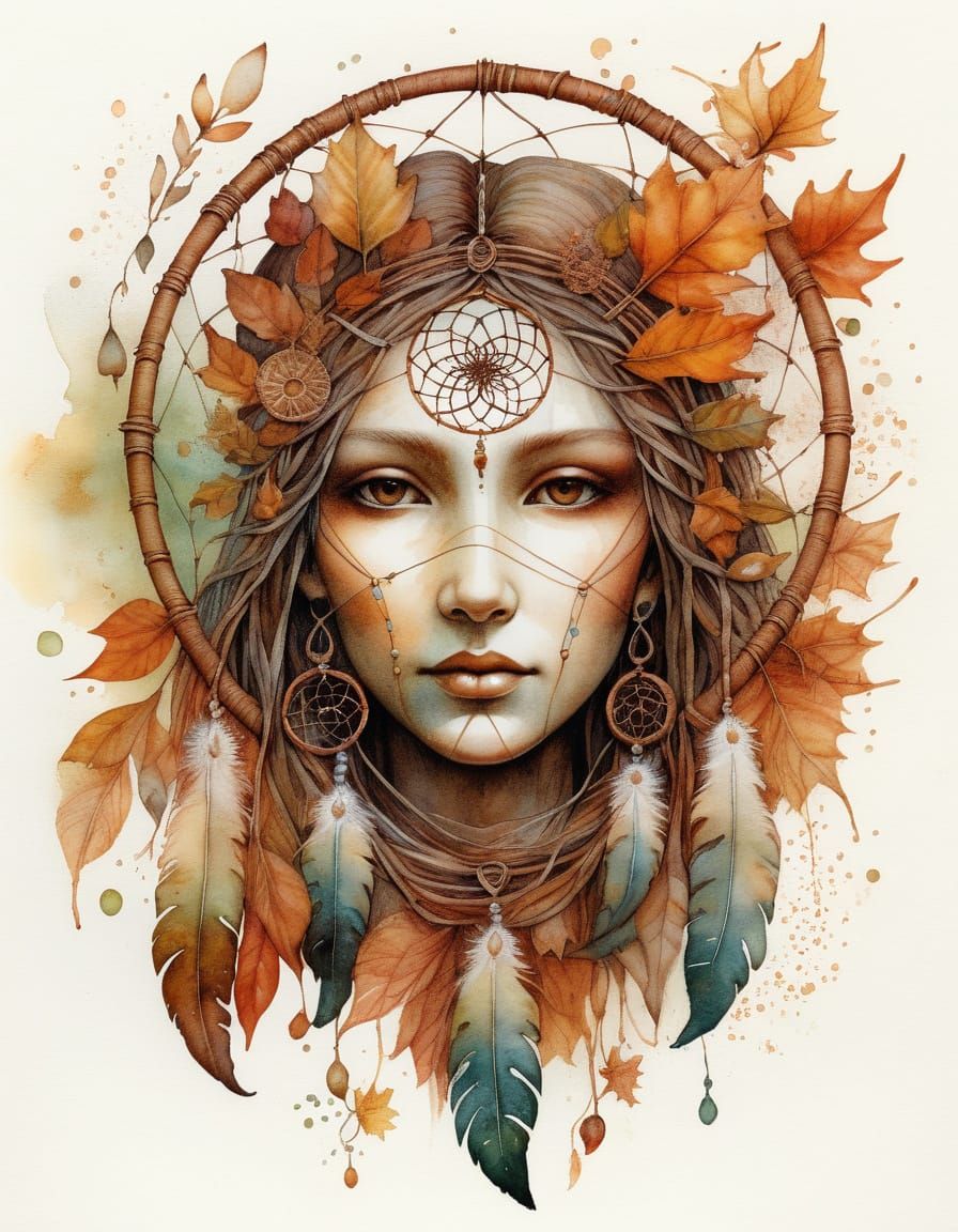 Autumn Goddess Dreamcatcher in Watercolor Style