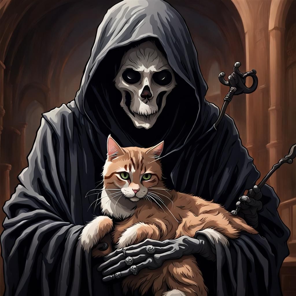 Heartwarming Grim Reaper Petting Tabby Cat
