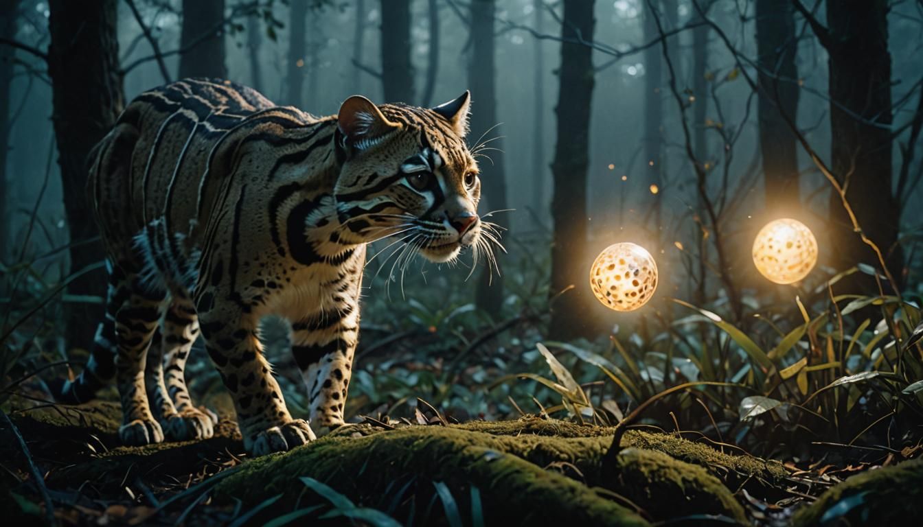 Ocelot Playing With Glowing Orbs in Misty Forest