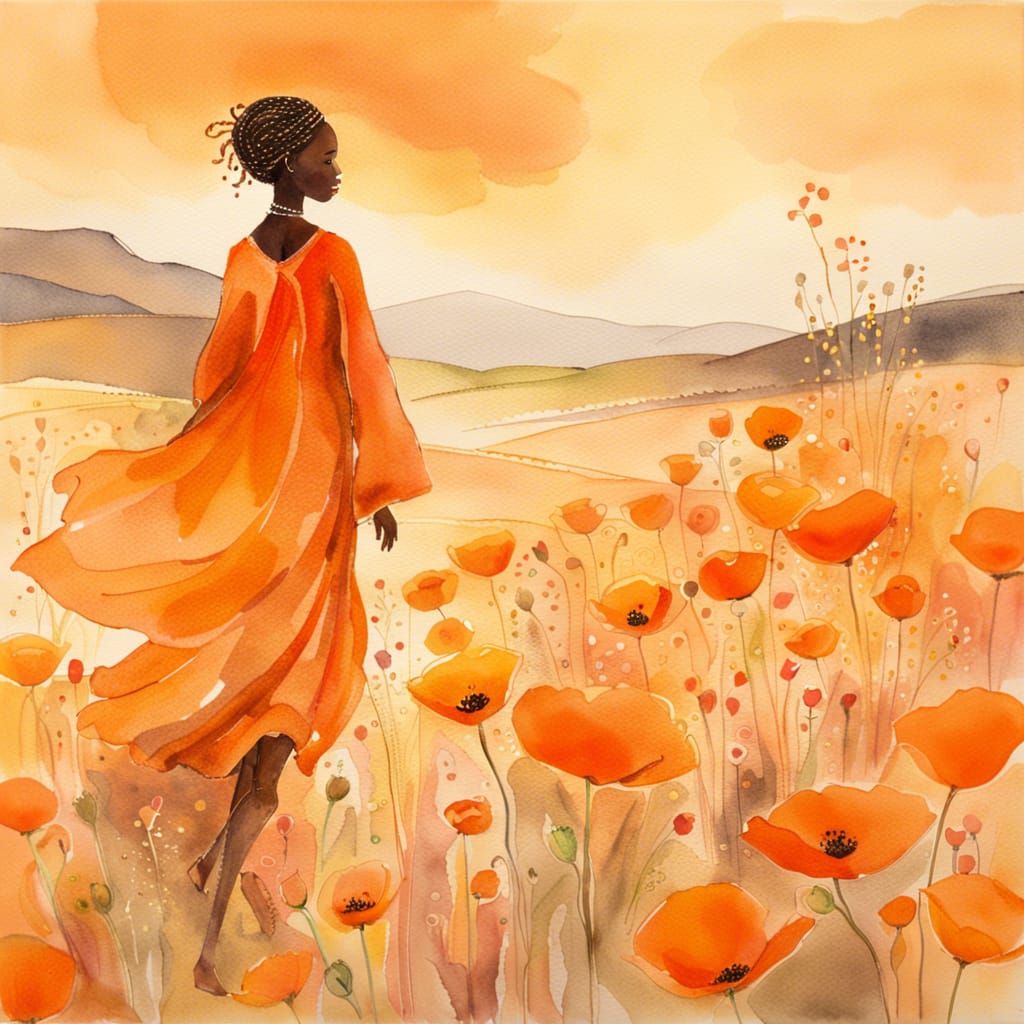 Girl in Orange Dress: Watercolor Folk Art