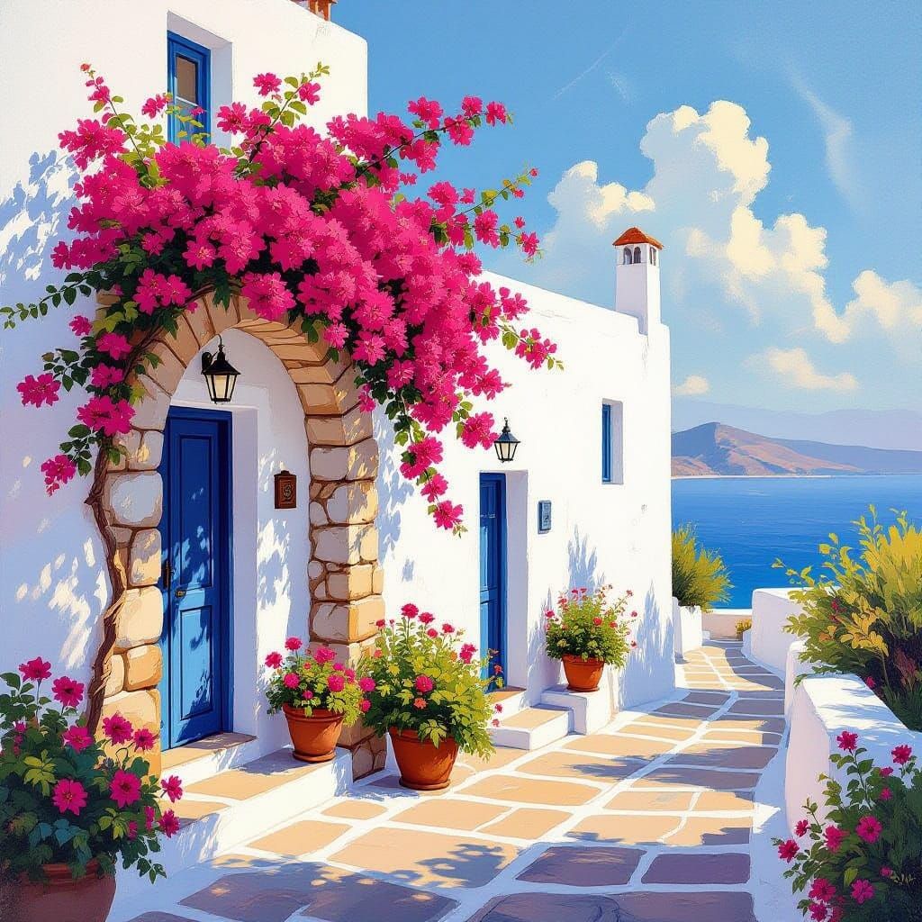 Greek Island Hausfassade with Bougainvillea in Warm Sunlight