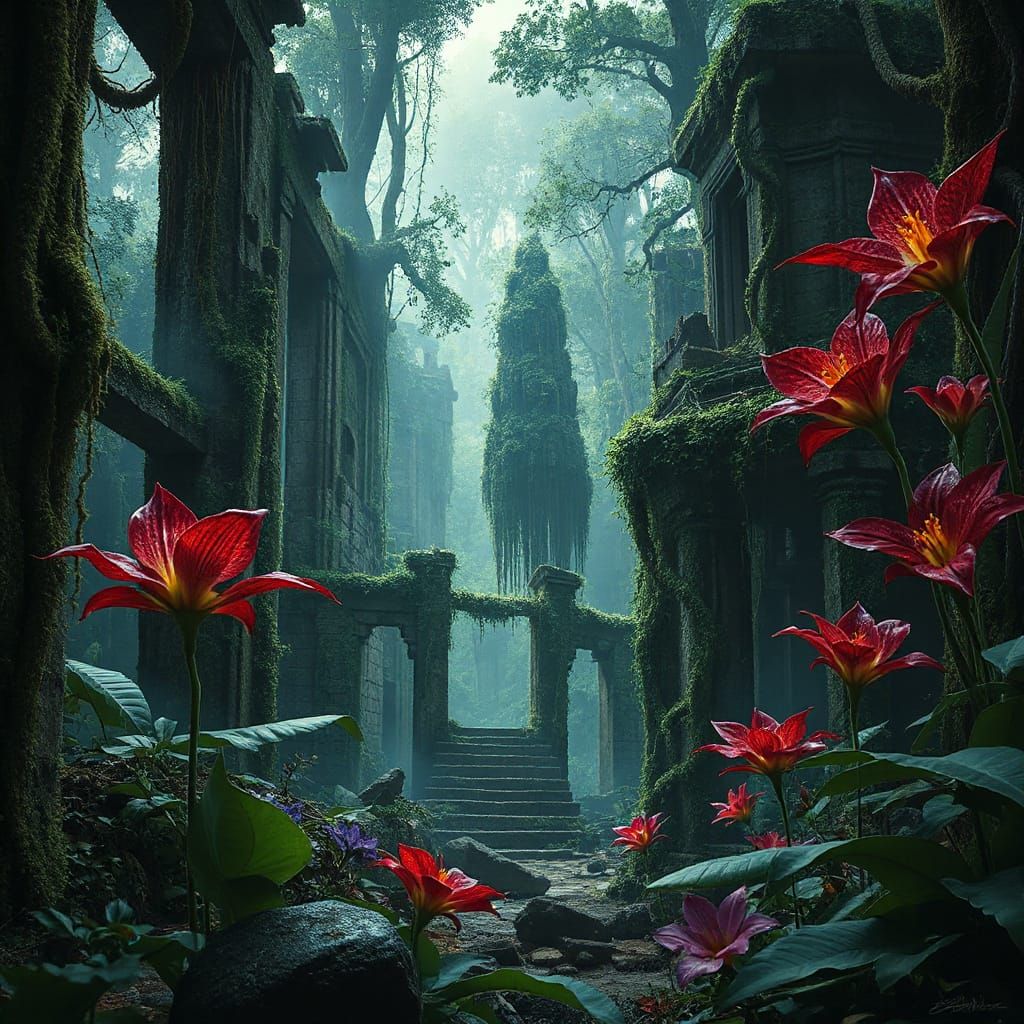 Lush Jungle Ruins with Bioluminescent Flora