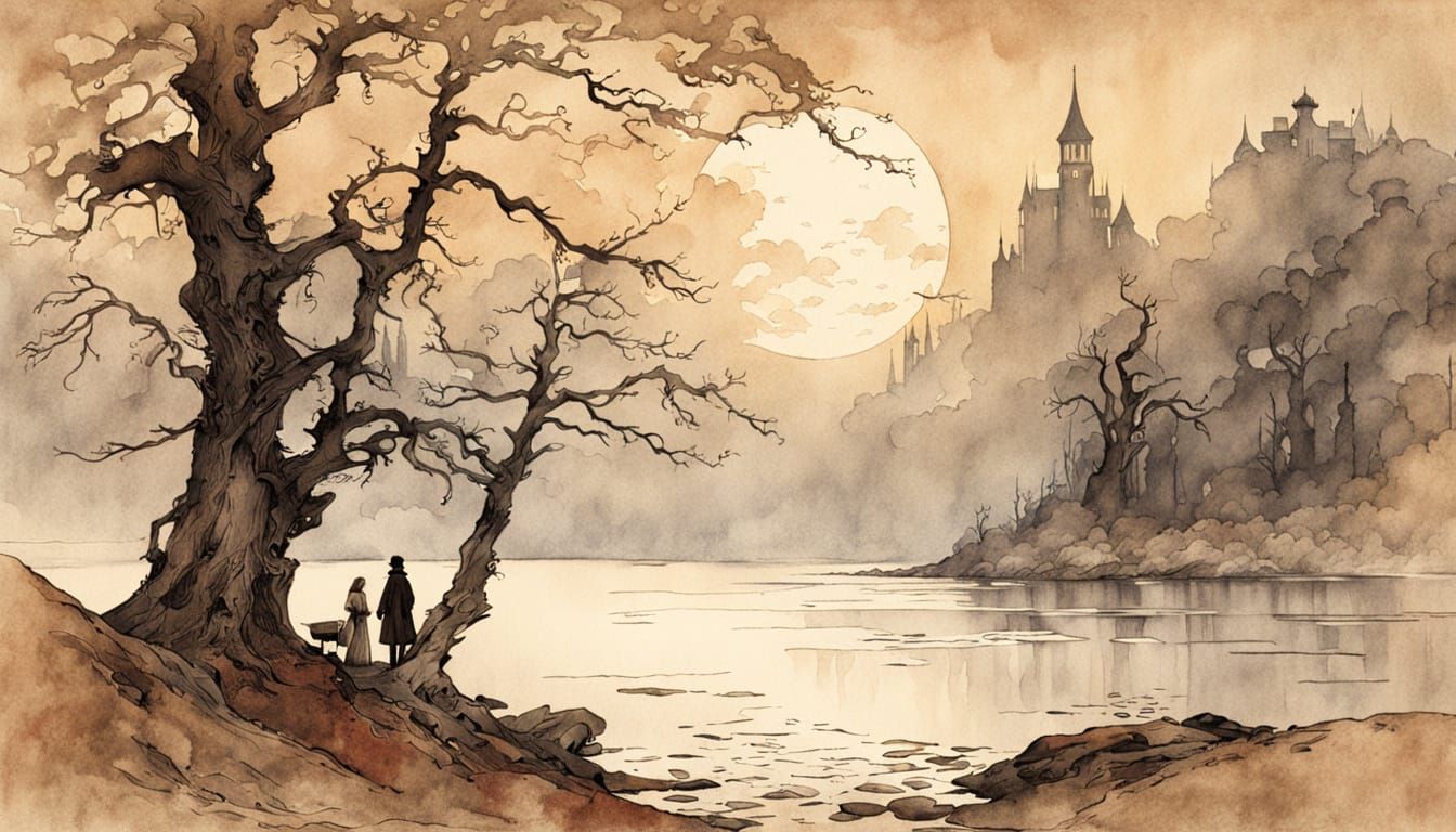 Ethereal Watercolor of Woman with Spear Facing Man by Water