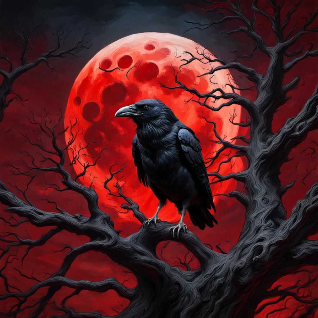 Red Moon Raven Tree Gothic Impressionist Painting