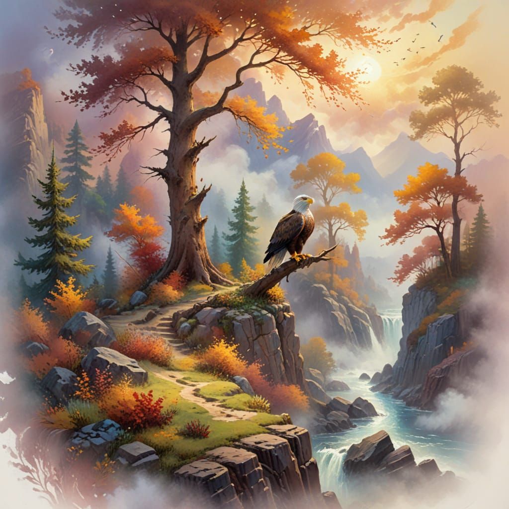 Eagle Soaring Over Autumn Vista: Gouache Impressionist Style