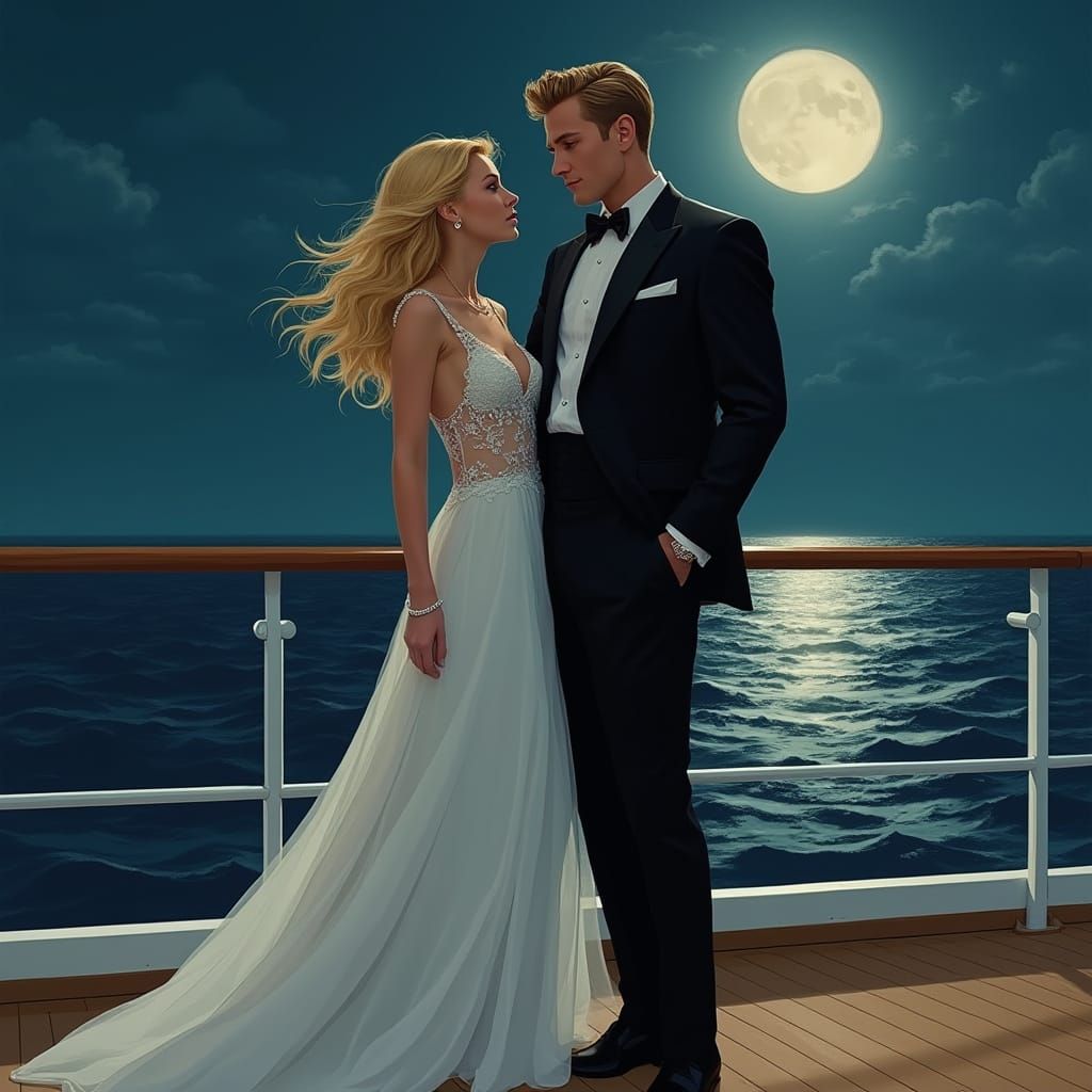 Elegant Couple on Cruise Ship Deck as Art Nouveau
