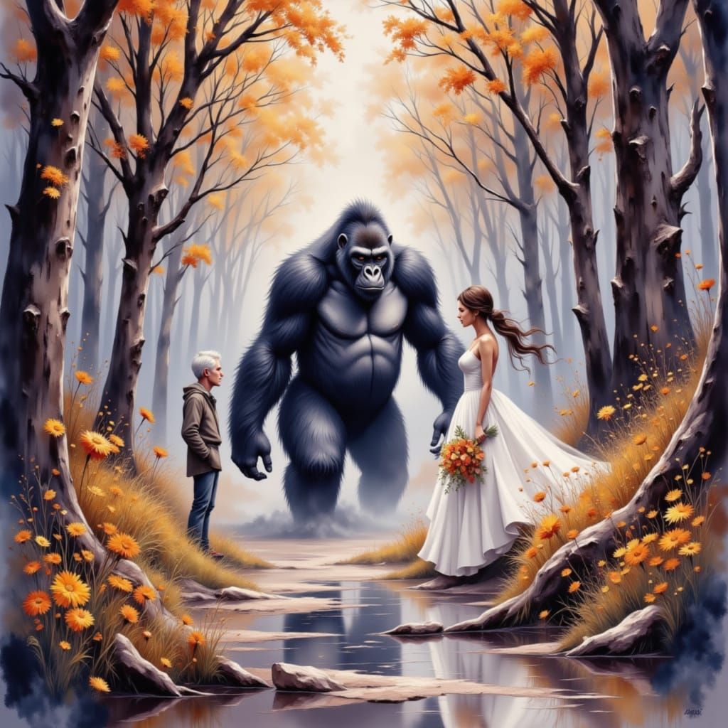 Gorilla and Maiden Wedding Interrupted in Misty Forest
