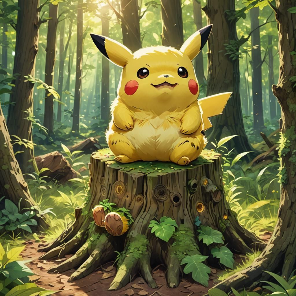 Chubby Pikachu in Forest Clearing: Manga-Inspired Art
