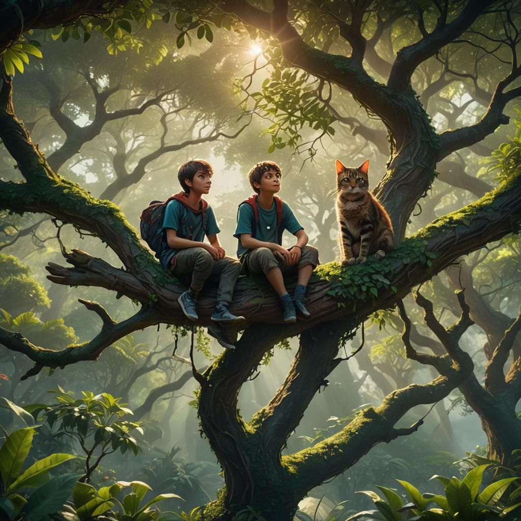 Boy and Cat in Lush Greenery: Fantasy Art