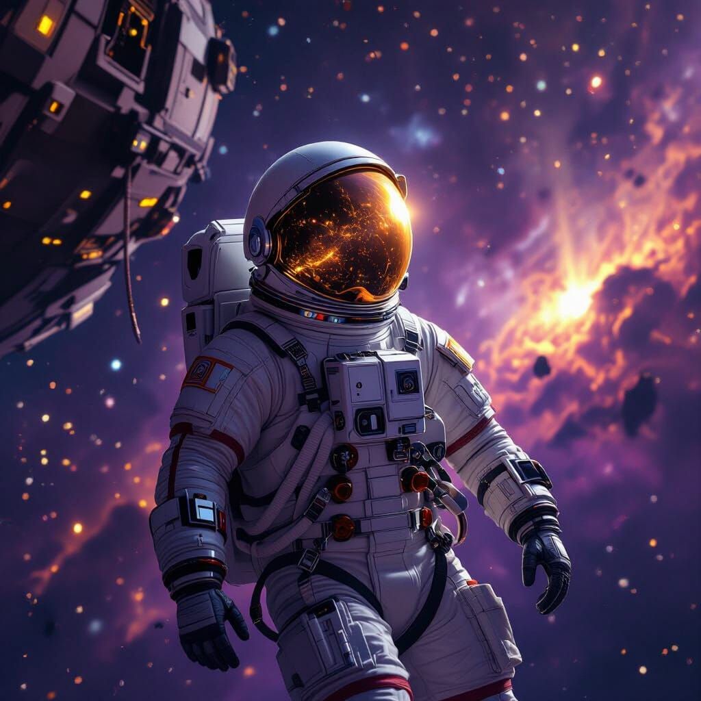 Astronaut Adrift Near Derelict Ship Amidst Cosmic Nebulae