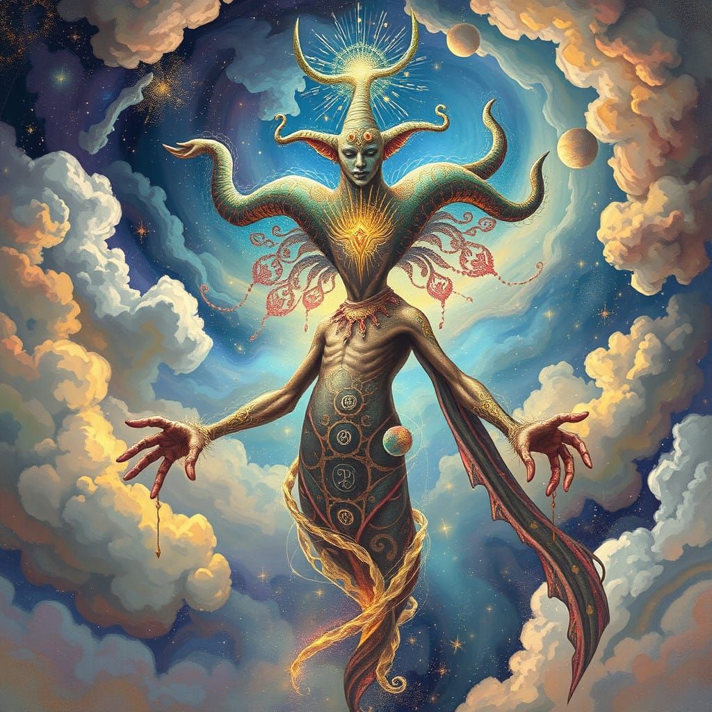 Ethereal Cosmic Jester God in Vibrant Holographic Aesthetic
