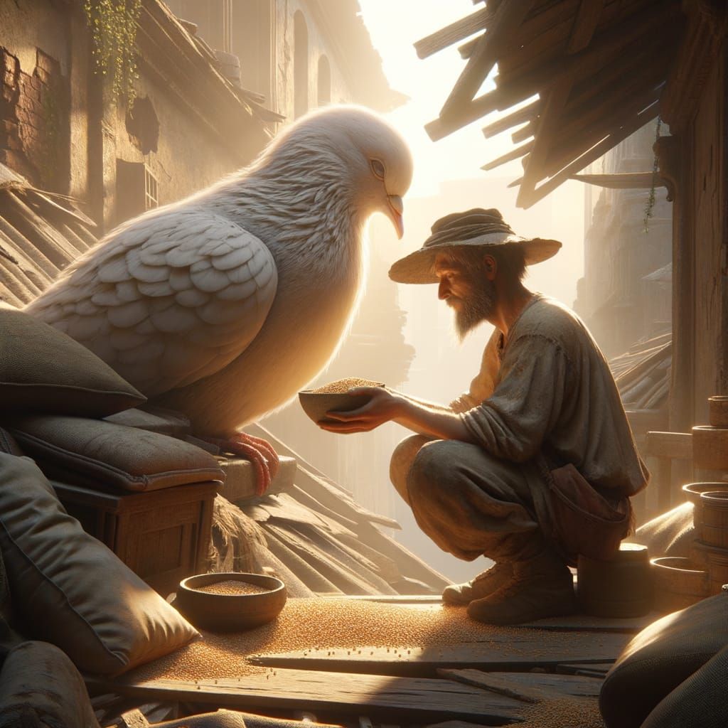 White Pigeon on Old Roof with Kind Worker