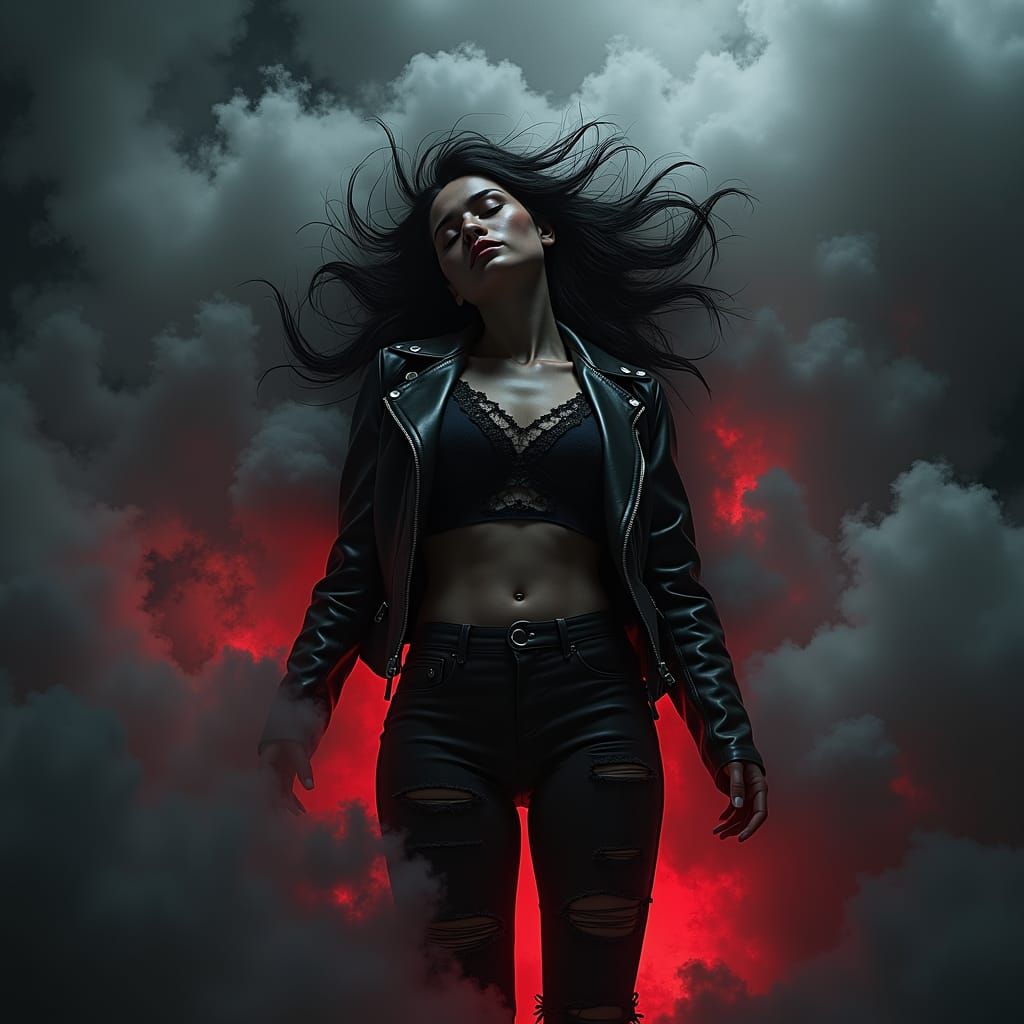 Cyberpunk Girl Sleeping in Clouds: Double Exposure