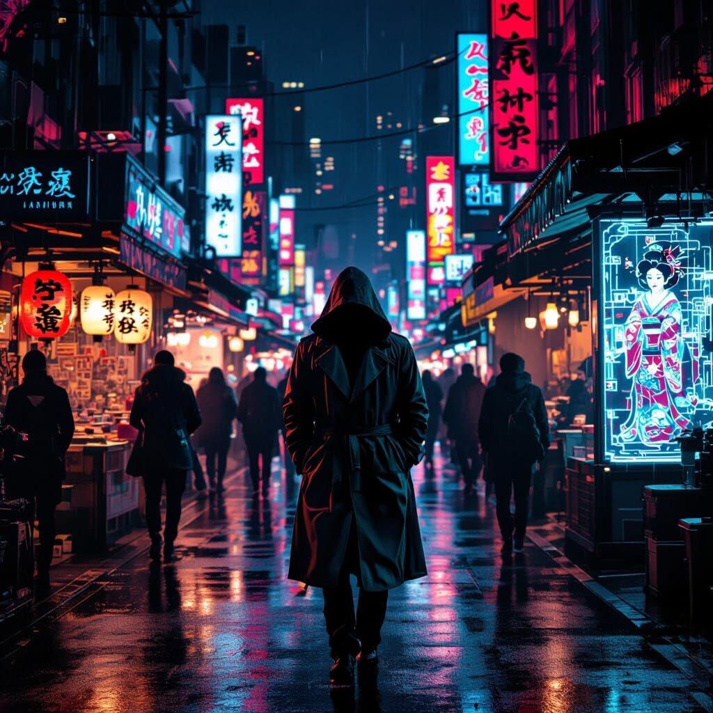 Cyberpunk Metropolis Night Market with Neon Lights