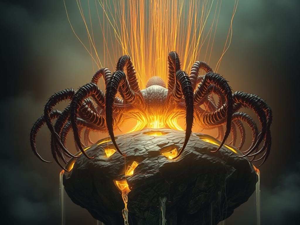 A biomechanical giant cluster of glowing hairy arachnids blo...