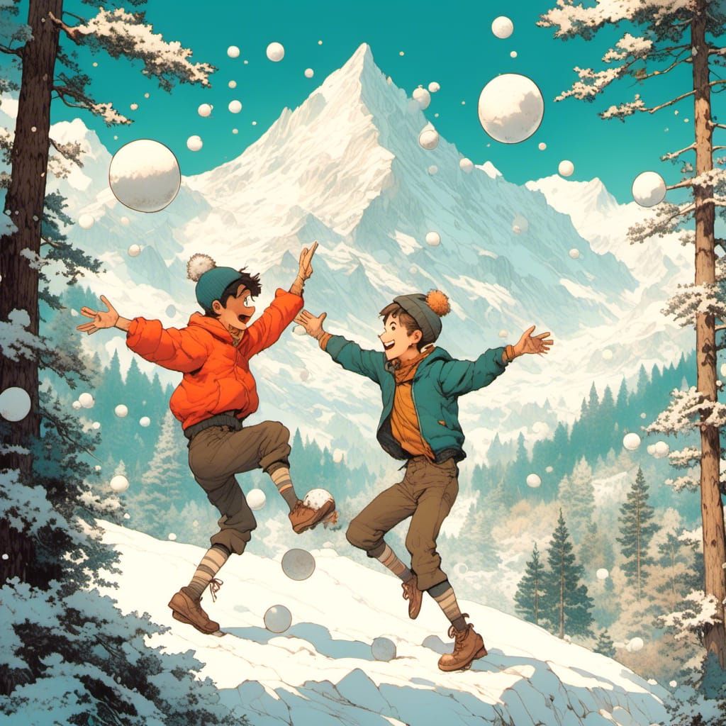 Vintage Cartoon Snowball Fight in Mountain Village