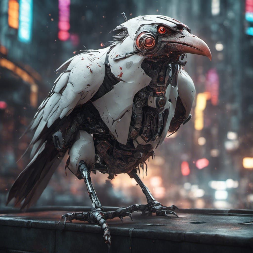Cyberpunk Albino Crow Robot Concept Art