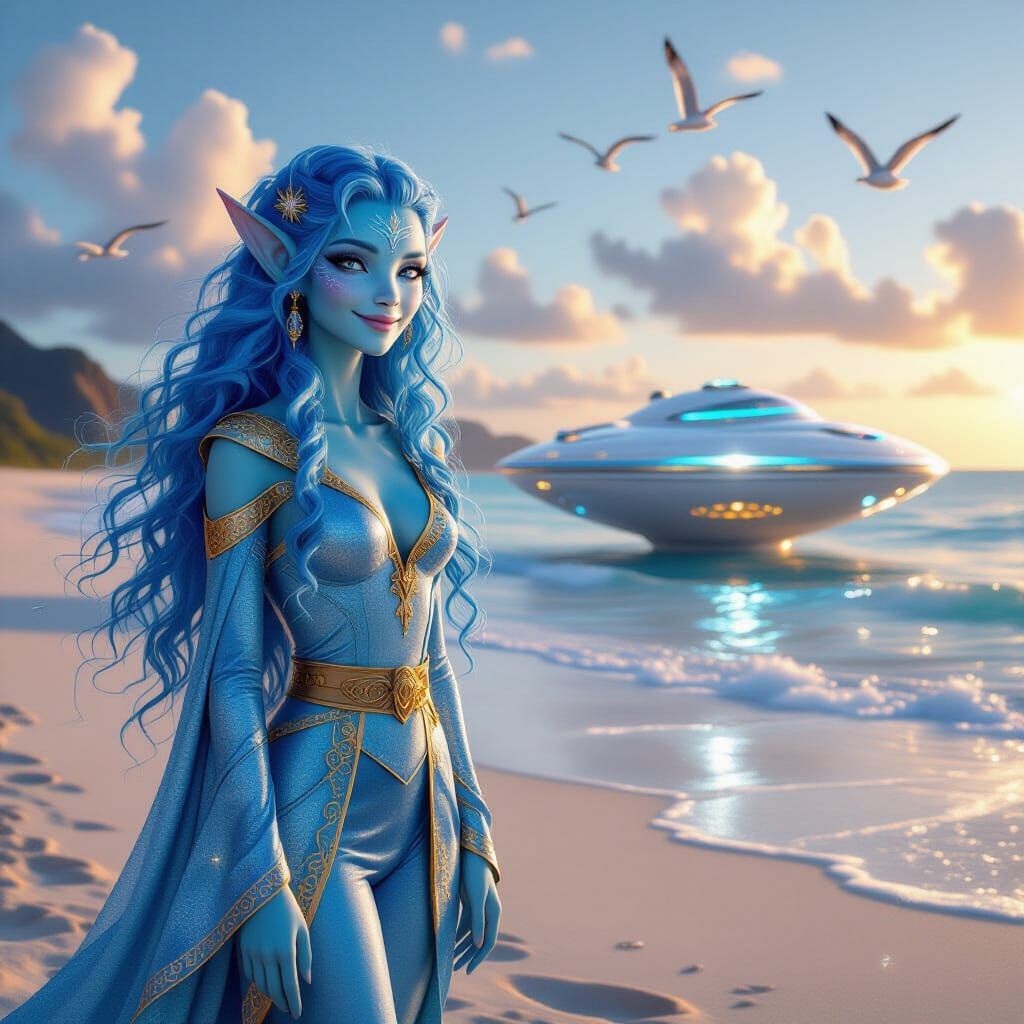 Smiling Alien Couple on a Pristine Beach at Dawn