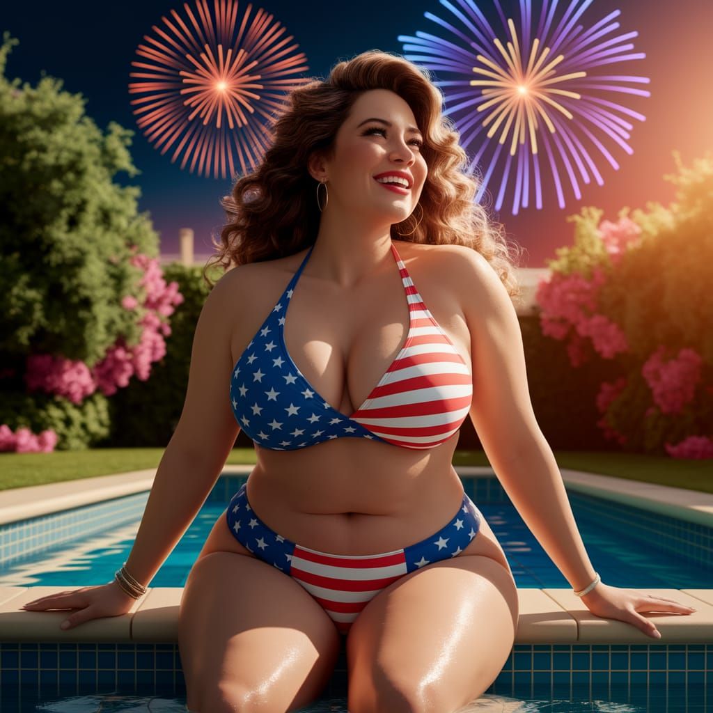 Curvy Woman in American Flag Bikini Watching Fireworks