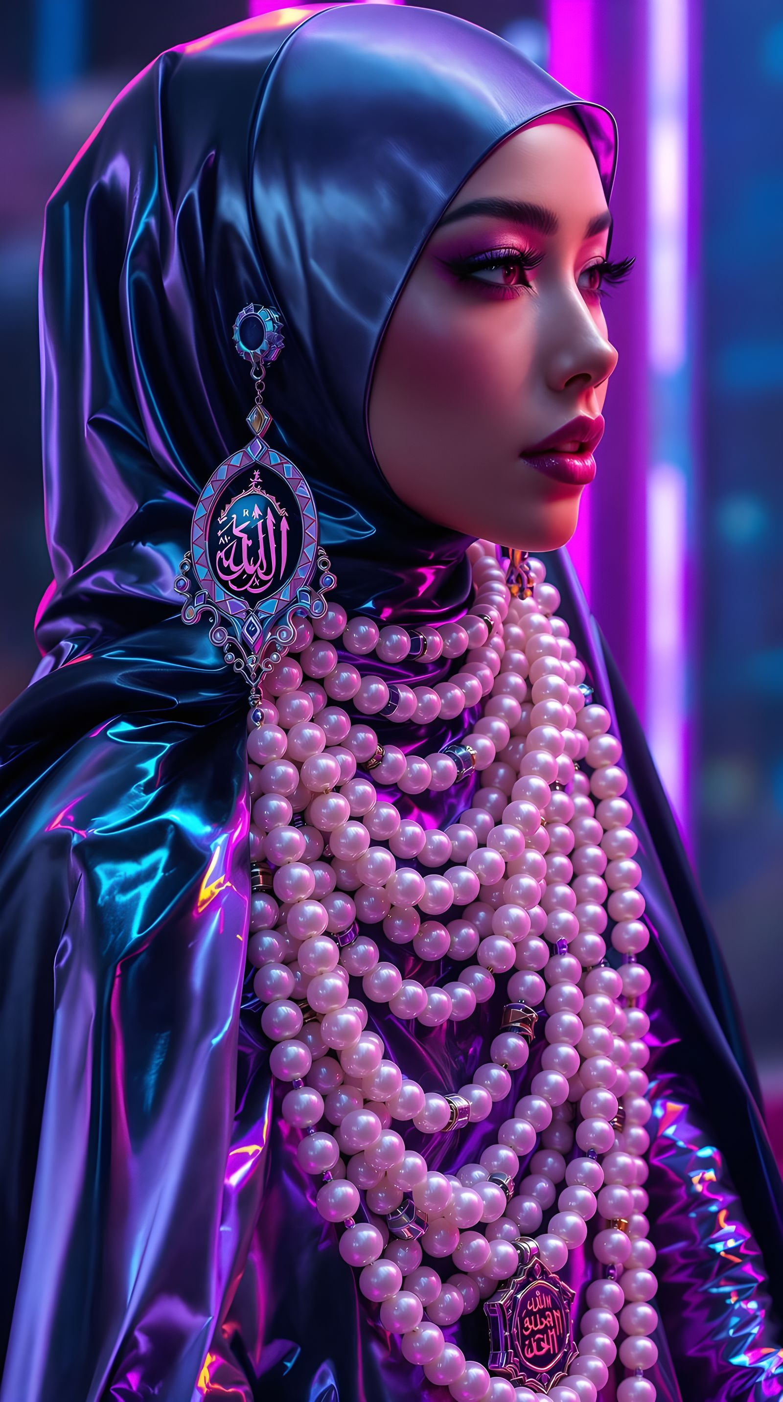 Asian Woman in Latex with Pearl Body Chain, Quran Necklace, ...